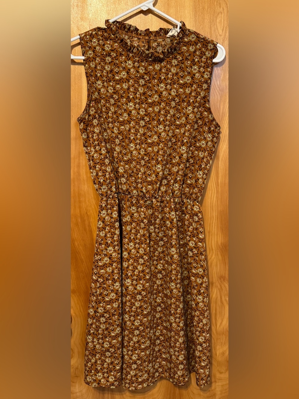 Sleeveless Rust Floral Dress with Ruffled Neck